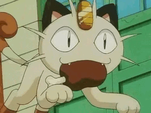 Meowth running with meat in mouth